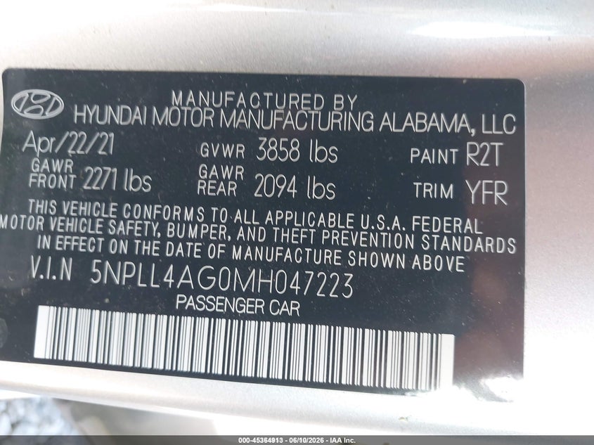 2021 Hyundai Elantra VIN 5NPLL4AG0MH047223 IAAI salvage auction — NORMAL WEAR, SF97 (Illinois), sold $15,775 on 2026-07-09 (photo 9)