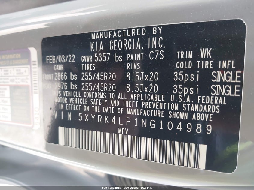 2022 Kia Sorento VIN 5XYRK4LF1NG104989 IAAI salvage auction — RIGHT SIDE, Salvage (Indiana), sold $9,300 on 2026-07-22 (photo 9)