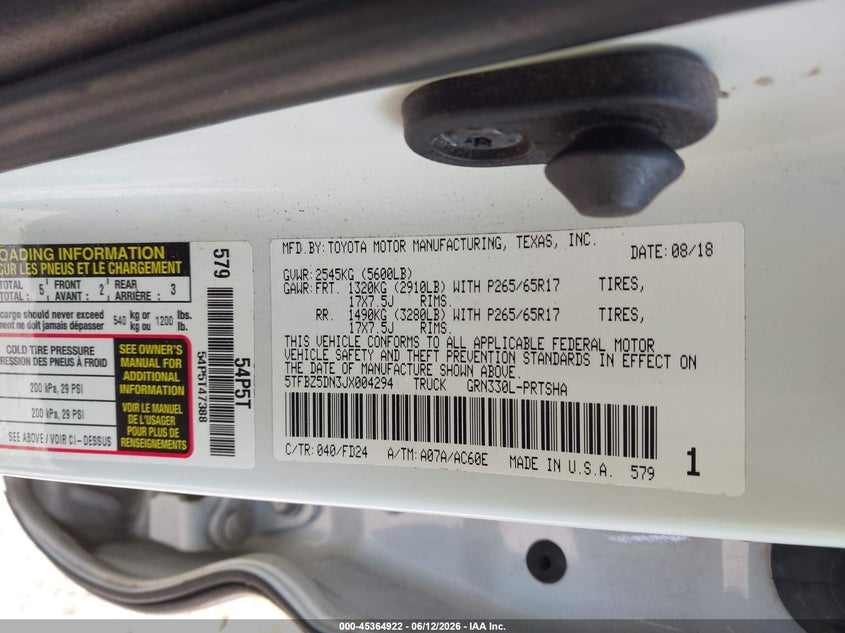 2018 Toyota Tacoma VIN 5TFBZ5DN3JX004294 IAAI salvage auction — FRONT & REAR, Salvage (Georgia), sold $6,000 on 2026-07-09 (photo 9)