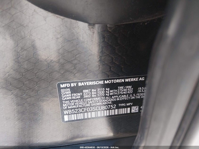 2025 BMW Ix VIN WB523CF03SCU80752 IAAI salvage auction — FRONT END, Salvage Title, sold $29,500 on 2026-10-08 (photo 9)