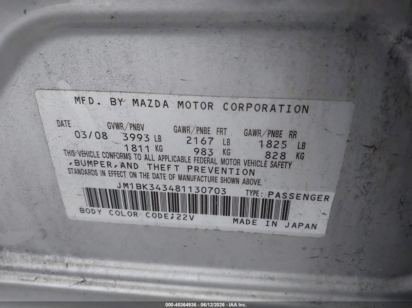 2008 Mazda 3 VIN JM1BK343481130703 IAAI salvage auction — RIGHT FRONT, Rebuildable (Florida), sold $25 on 2026-07-08 (photo 9)