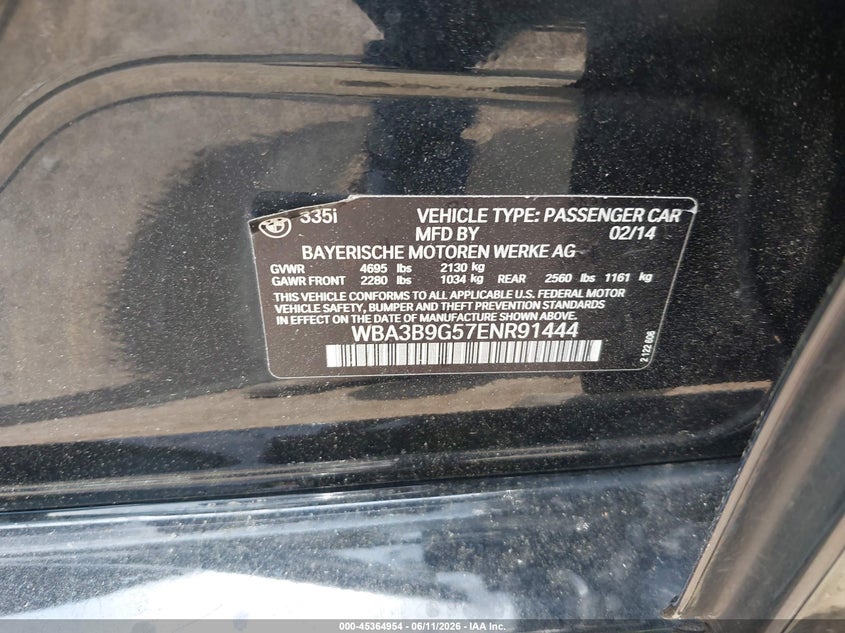 2014 BMW VIN WBA3B9G57ENR91444 IAAI salvage auction — FRONT END, Salvage (Virginia), sold $575 on 2026-07-28 (photo 9)