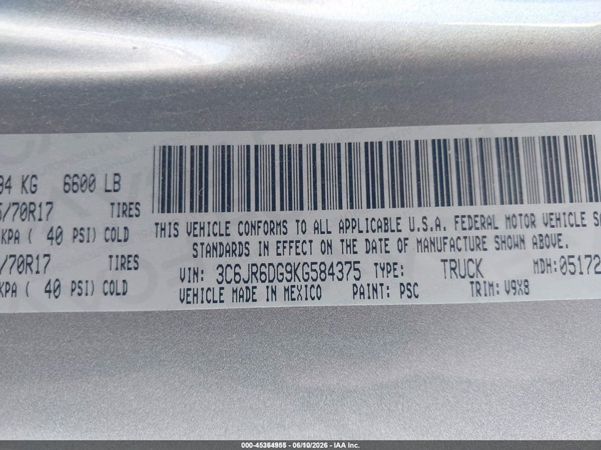 2019 Ram 1500 VIN 3C6JR6DG9KG584375 IAAI salvage auction — RIGHT REAR, SF97 (Illinois), sold $12,550 on 2026-07-09 (photo 9)