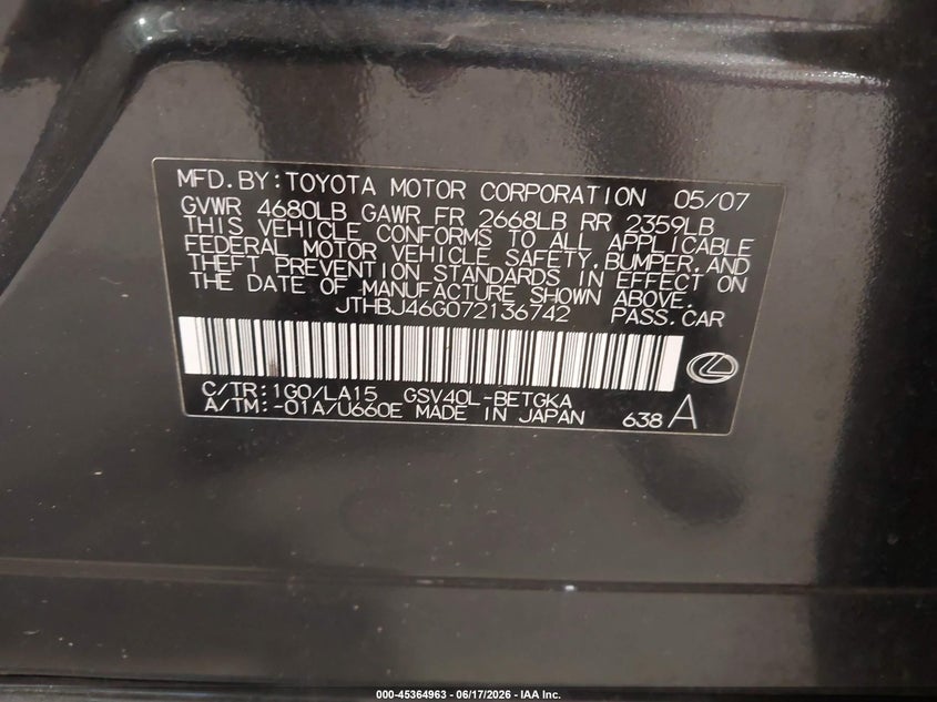 2007 Lexus ES VIN JTHBJ46G072136742 IAAI salvage auction — REAR END, Salvage (North Carolina), sold $425 on 2026-07-23 (photo 9)