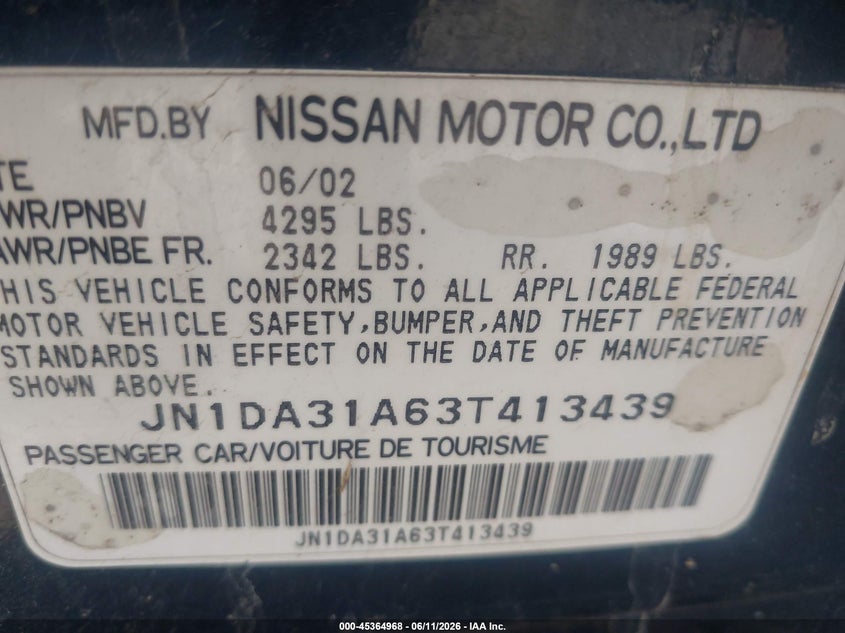 2003 Nissan Maxima VIN JN1DA31A63T413439 IAAI salvage auction — NORMAL WEAR, Clear (Utah), sold $300 on 2026-07-09 (photo 9)