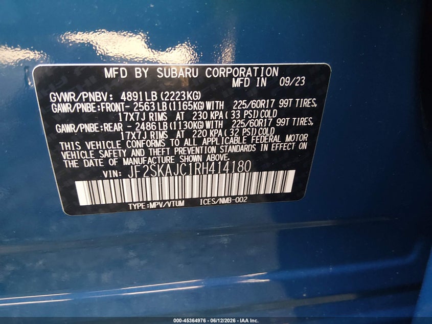 2024 Subaru Forester VIN JF2SKAJC1RH414180 IAAI salvage auction — SIDE, Salvage (Virginia), sold $7,000 on 2026-07-28 (photo 9)