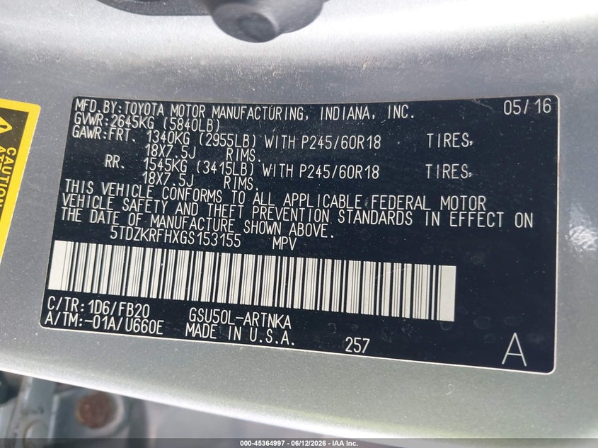 2016 Toyota Highlander VIN 5TDZKRFHXGS153155 IAAI salvage auction — NORMAL WEAR, Original (Texas), sold $3,400 on 2026-07-28 (photo 9)