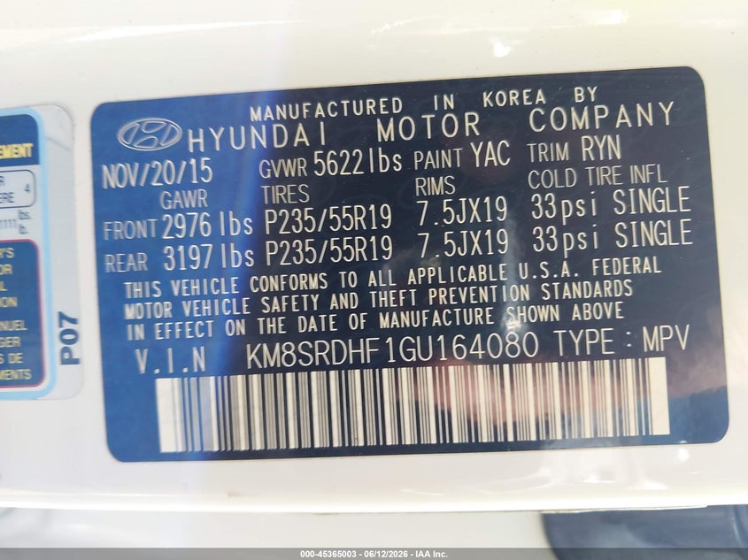 2016 Hyundai Santa fe VIN KM8SRDHF1GU164080 IAAI salvage auction — RIGHT FRONT, Salvage Title, sold $1,250 on 2026-08-01 (photo 9)