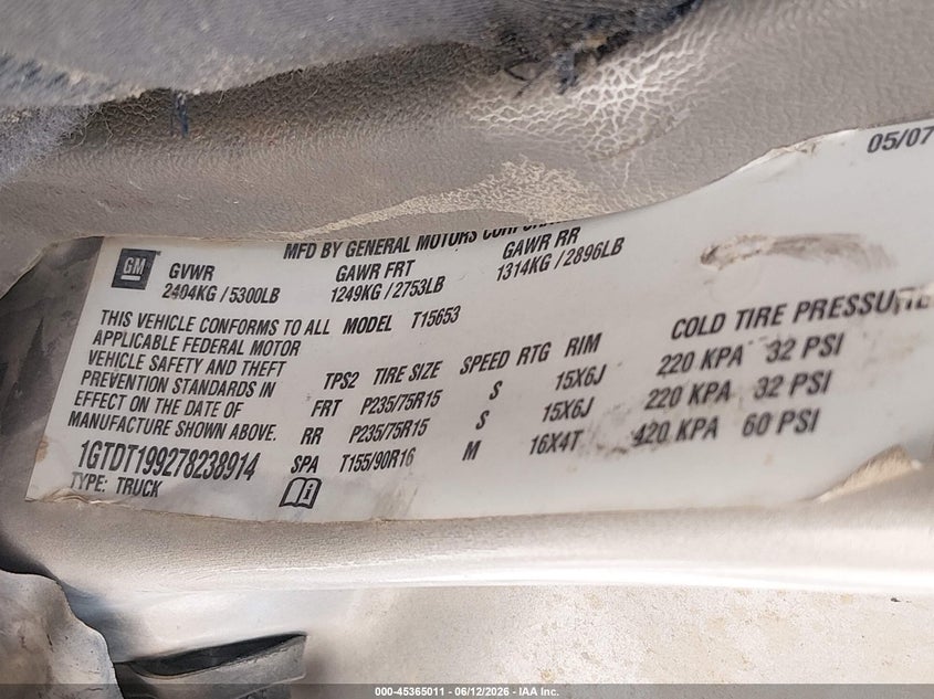 2007 Gmc Canyon VIN 1GTDT199278238914 IAAI salvage auction — LEFT SIDE, Salvage (Missouri), sold $475 on 2026-08-24 (photo 9)