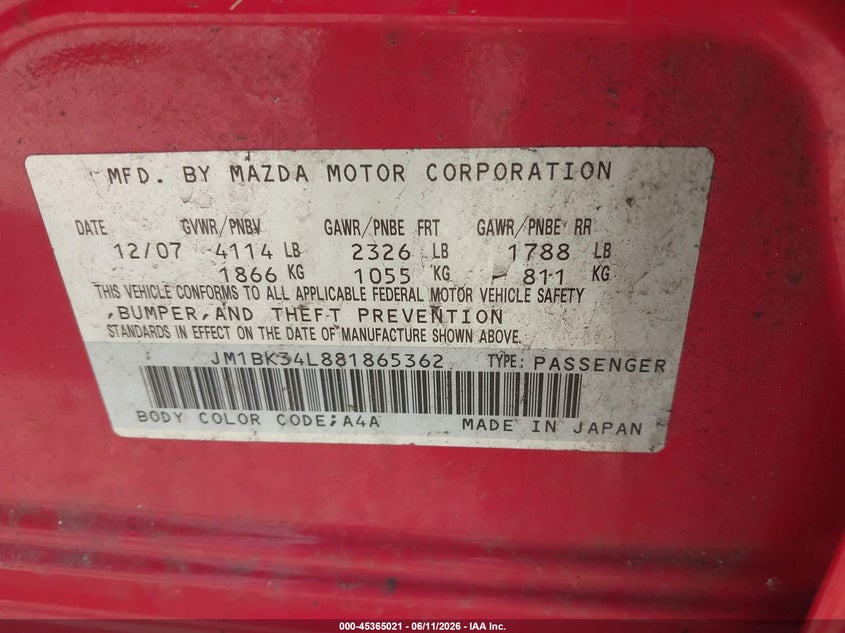 2008 Mazda 3 VIN JM1BK34L881865362 IAAI salvage auction — NORMAL WEAR, Original (Ohio), sold $325 on 2026-07-29 (photo 9)