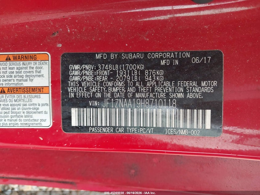 2017 Toyota Gt86 VIN JF1ZNAA19H8710118 IAAI salvage auction — ALL OVER, Salvage (Alabama), sold $1,300 on 2026-07-05 (photo 9)