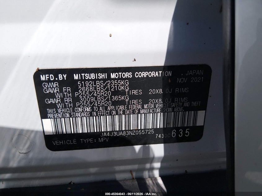 2022 Mitsubishi Outlander VIN JA4J3UA83NZ055725 IAAI salvage auction — WATER/FLOOD, Salvage (Missouri), sold $5,800 on 2026-07-17 (photo 9)