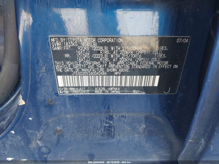 2004 Toyota Rav 4 VIN JTEGD20V240042486 IAAI salvage auction — NORMAL WEAR, Clear - Dealer Only (California), sold $750 on 2026-07-20 (photo 9)