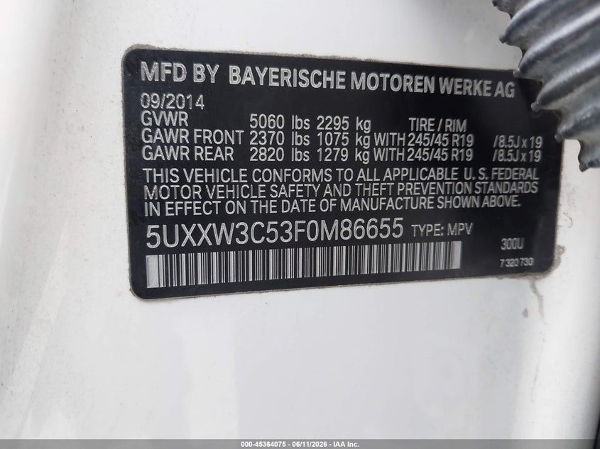 2015 BMW X4 VIN 5UXXW3C53F0M86655 IAAI salvage auction — LEFT FRONT, Salvage (California), sold $1,050 on 2026-07-30 (photo 9)