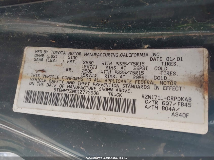 2001 Toyota Tacoma VIN 5TEWM72N01Z772936 IAAI salvage auction — NORMAL WEAR, Clear (Massachusetts), sold $525 on 2026-07-08 (photo 9)