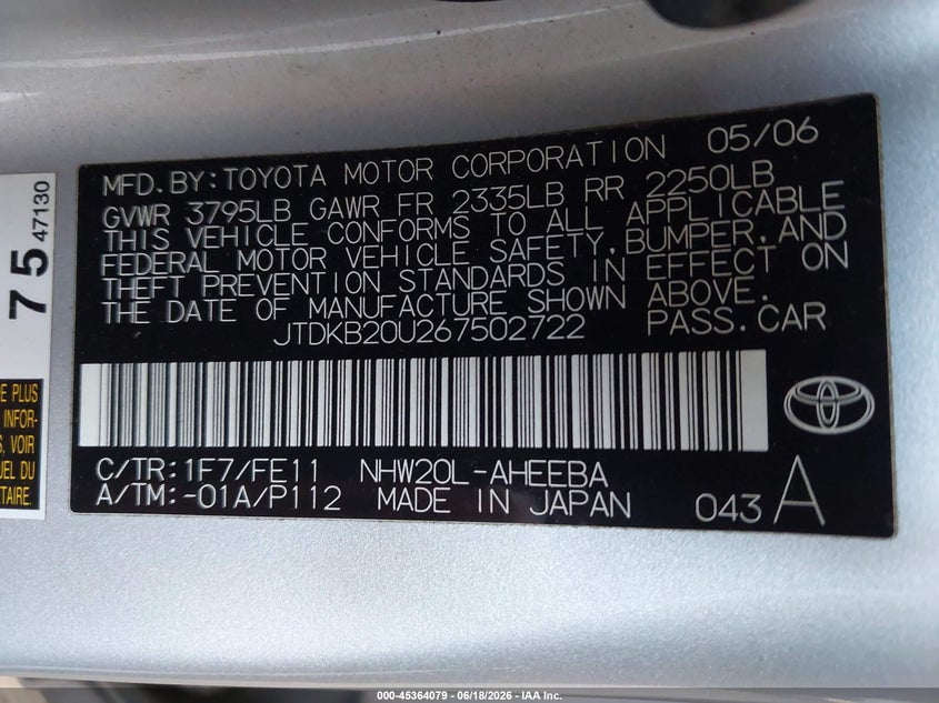 2006 Toyota Prius VIN JTDKB20U267502722 IAAI salvage auction — NORMAL WEAR, Clear - Dealer Only (California), sold $1,200 on 2026-07-14 (photo 9)