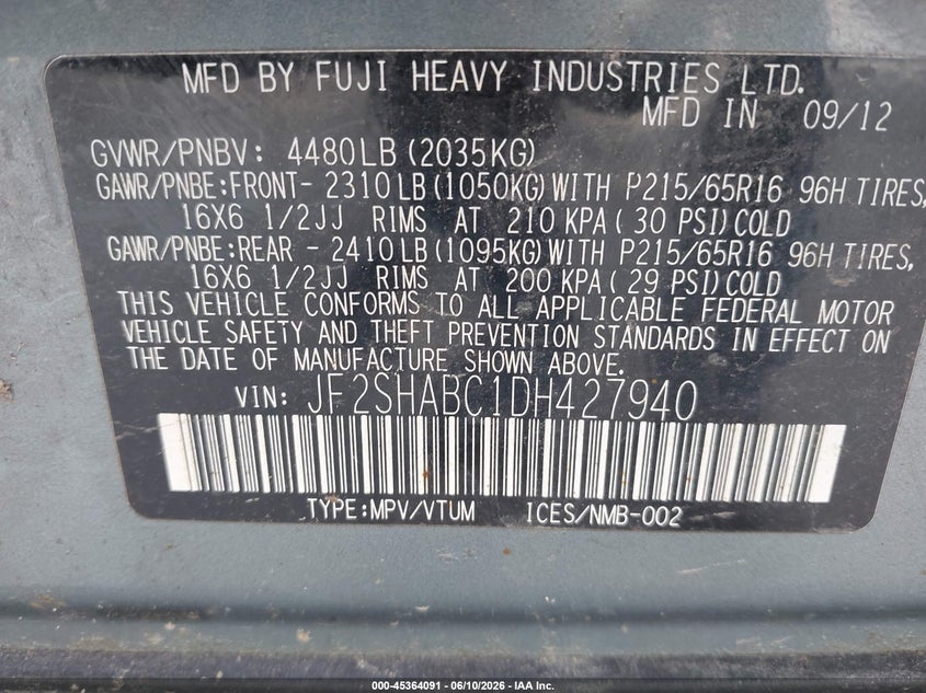 2013 Subaru Forester VIN JF2SHABC1DH427940 IAAI salvage auction — NORMAL WEAR, Original (Maine), sold $375 on 2026-07-30 (photo 9)