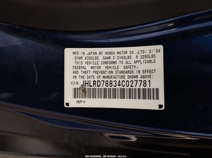 2004 Honda Cr-v VIN JHLRD78834C027781 IAAI salvage auction — FRONT END, Prior Salvage (Minnesota), sold $475 on 2026-08-02 (photo 9)