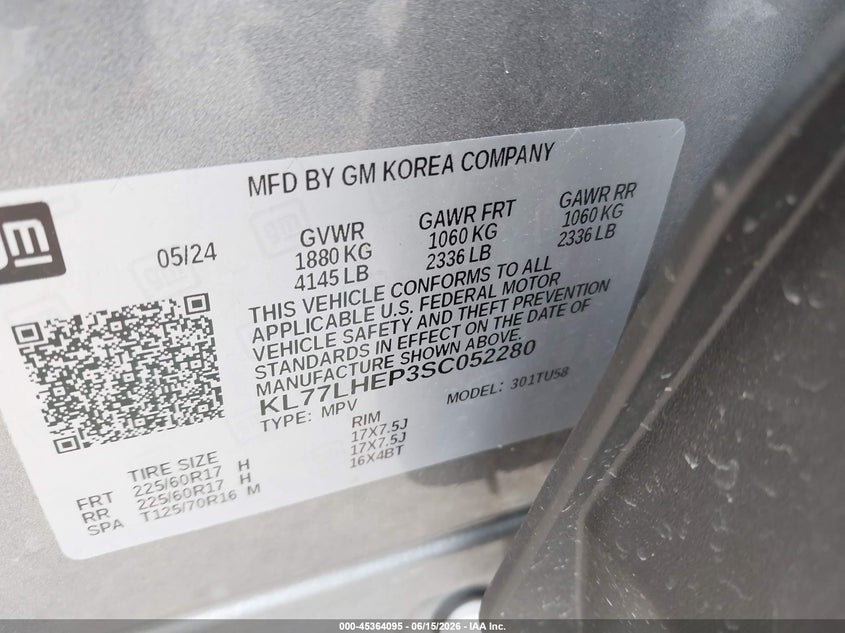 2025 Chevrolet Trax VIN KL77LHEP3SC052280 IAAI salvage auction — FRONT END, Mv-907A (New York), sold $6,200 on 2026-07-21 (photo 9)