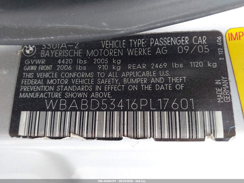 2006 BMW 3 series VIN WBABD53416PL17601 IAAI salvage auction — RIGHT SIDE, Salvage (Ohio), sold $925 on 2026-07-09 (photo 9)