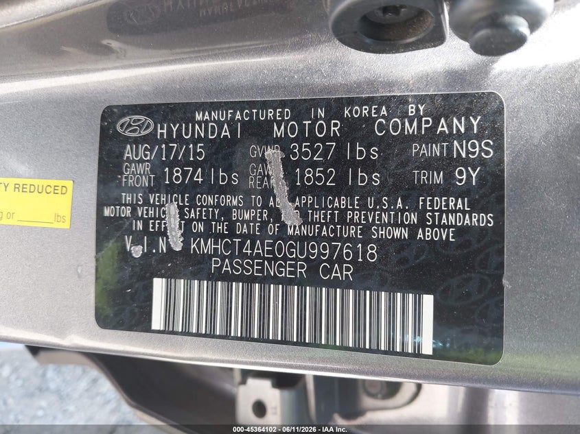 2016 Hyundai Accent VIN KMHCT4AE0GU997618 IAAI salvage auction — REAR END, Bill Of Sale (Washington), sold $550 on 2026-07-07 (photo 9)