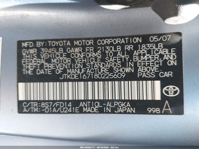 2008 Scion Tc VIN JTKDE167180225609 IAAI salvage auction — LEFT SIDE, Salvage (Arizona), sold $450 on 2026-07-28 (photo 9)