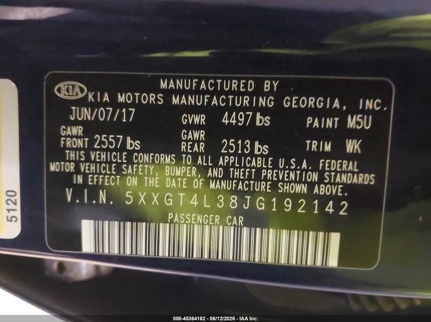 2018 Kia Optima VIN 5XXGT4L38JG192142 IAAI salvage auction — NORMAL WEAR, Restored (Arizona), sold $1,900 on 2026-07-14 (photo 9)