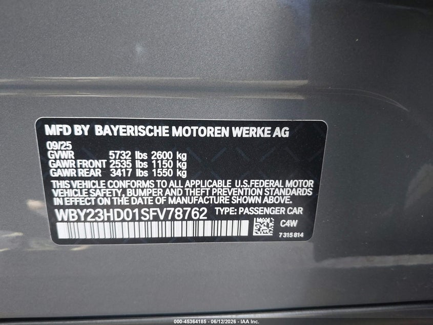 2025 BMW I4 VIN WBY23HD01SFV78762 IAAI salvage auction — RIGHT REAR, Salvage Title, sold $13,300 on 2026-07-28 (photo 9)