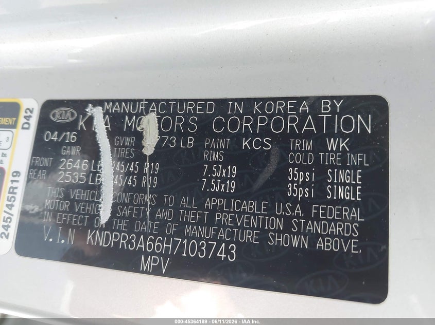 2017 Kia Sportage VIN KNDPR3A66H7103743 IAAI salvage auction — FRONT END, Salvage (California), sold $950 on 2026-07-20 (photo 9)