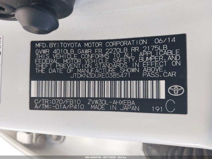2014 Toyota Prius VIN JTDKN3DUXE0385471 IAAI salvage auction — LEFT FRONT, Salvage (California), sold $2,500 on 2026-07-08 (photo 9)