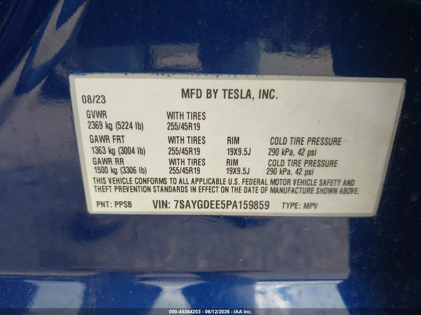 2023 Tesla Model y VIN 7SAYGDEE5PA159859 IAAI salvage auction — FRONT END, Salvage (Texas), sold $13,100 on 2026-07-15 (photo 9)
