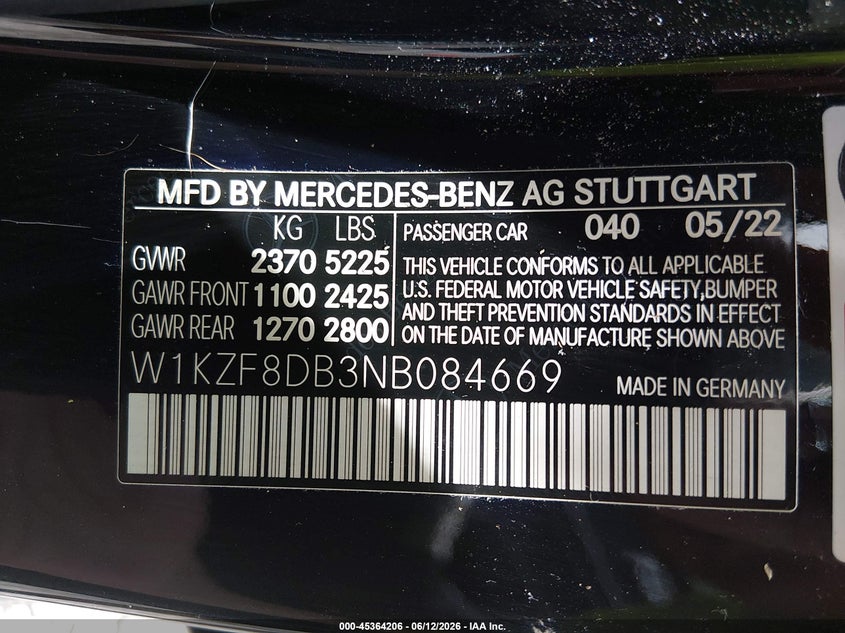 2022 Mercedes-benz E-klasse VIN W1KZF8DB3NB084669 IAAI salvage auction — SIDE, Salvage (Mississippi), sold $17,400 on 2026-07-16 (photo 9)