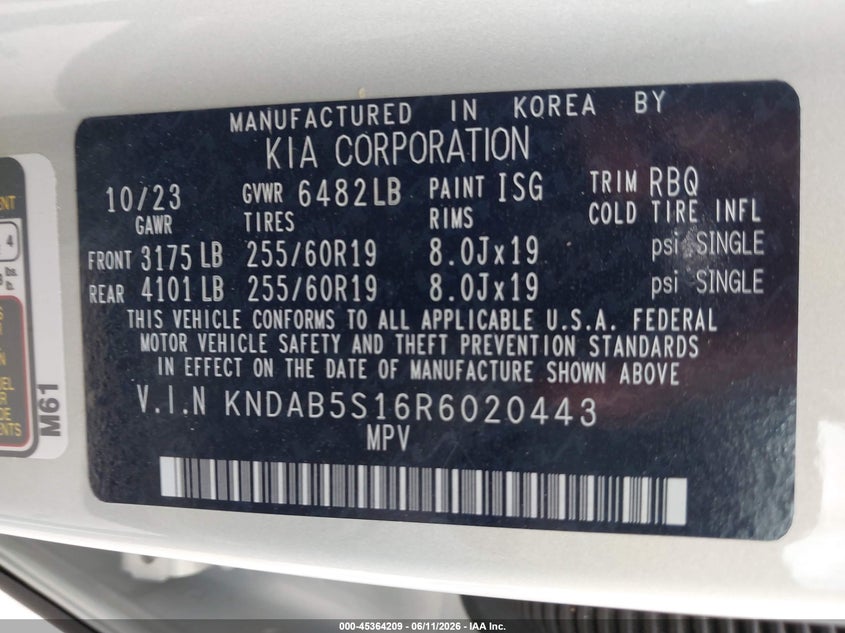 2024 Kia Ev9 VIN KNDAB5S16R6020443 IAAI salvage auction — REAR END, Original (Texas), sold $16,550 on 2026-07-23 (photo 9)
