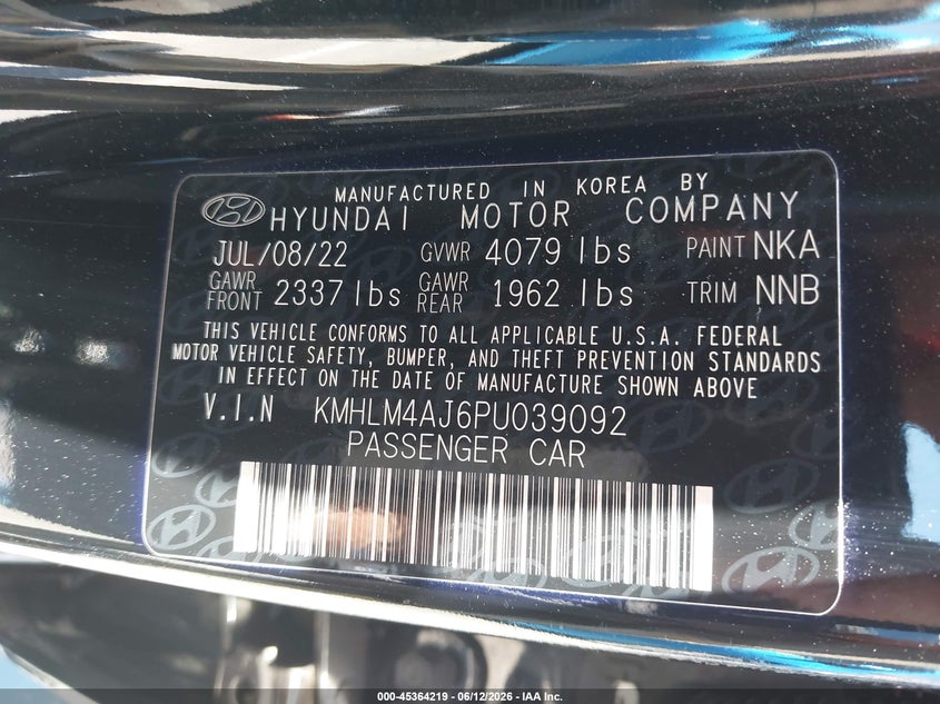 2023 Hyundai Elantra VIN KMHLM4AJ6PU039092 IAAI salvage auction — REAR END, Salvage (California), sold $6,500 on 2026-07-10 (photo 9)