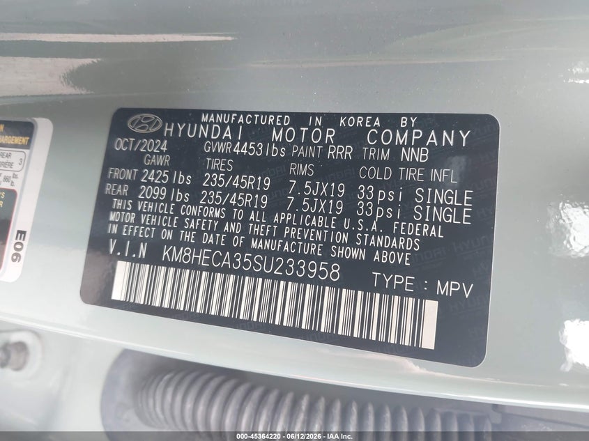 2025 Hyundai Kona VIN KM8HECA35SU233958 IAAI salvage auction — LEFT SIDE, Salvage Title, sold $4,550 on 2026-07-28 (photo 9)