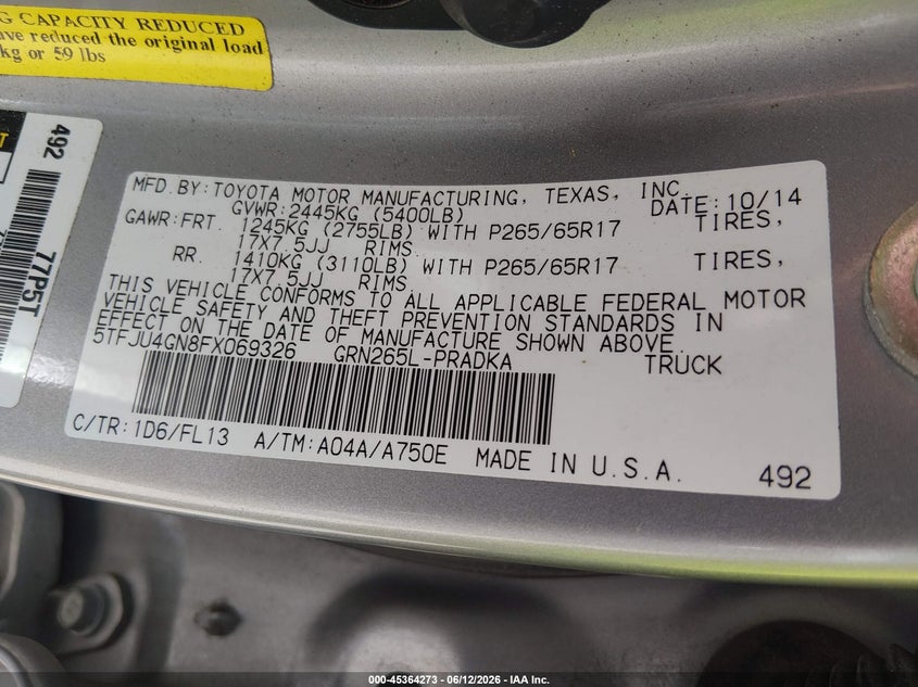 2015 Toyota Tacoma VIN 5TFJU4GN8FX069326 IAAI salvage auction — FRONT END, Original (Texas), sold $4,050 on 2026-07-21 (photo 9)