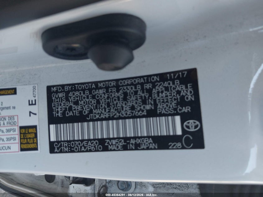2017 Toyota Prius VIN JTDKARFP2H3057664 IAAI salvage auction — FRONT END, Salvage (Virginia), sold $5,100 on 2026-07-28 (photo 9)