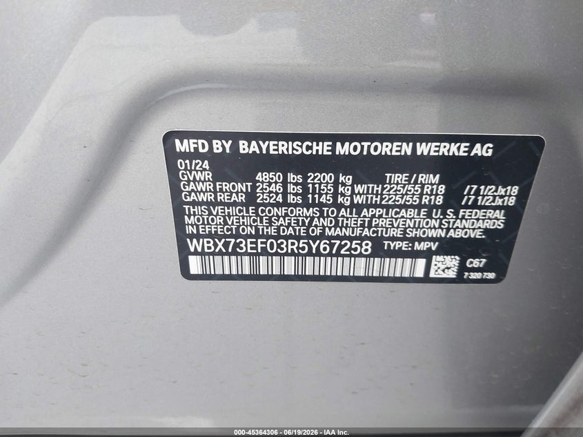 2024 BMW X1 VIN WBX73EF03R5Y67258 IAAI salvage auction — SIDE, Salvage (California), sold $18,100 on 2026-07-25 (photo 9)