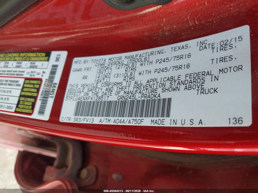 2015 Toyota Tacoma VIN 5TFLU4ENXFX128517 IAAI salvage auction — RIGHT SIDE, Bill Of Sale (Alaska), sold $8,350 on 2026-07-10 (photo 9)
