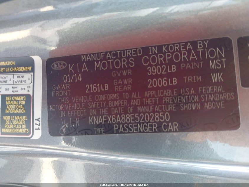 2014 Kia Forte VIN KNAFX6A88E5202850 IAAI salvage auction — RIGHT SIDE, Rebuildable (Florida), sold $650 on 2026-07-09 (photo 9)