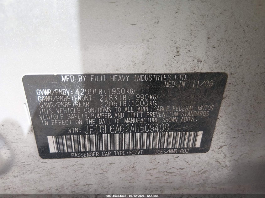 2010 Subaru Impreza VIN JF1GE6A62AH509408 IAAI salvage auction — NORMAL WEAR, Original (Ohio), sold $500 on 2026-07-14 (photo 9)