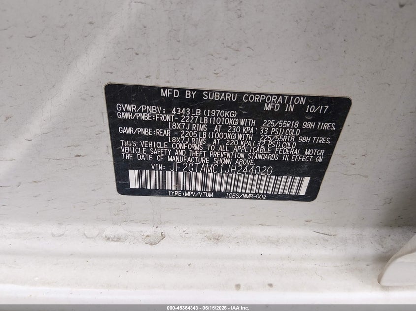 2018 Subaru Xv VIN JF2GTAMC1JH244020 IAAI salvage auction — REAR END, Salvage (Ohio), sold $3,200 on 2026-07-29 (photo 9)