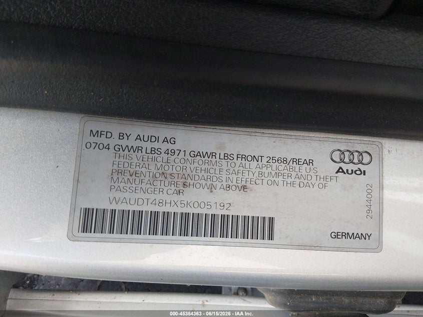 2005 Audi A4 VIN WAUDT48HX5K005192 IAAI salvage auction — REAR END, Salvage (New Jersey), sold $25 on 2026-07-30 (photo 9)
