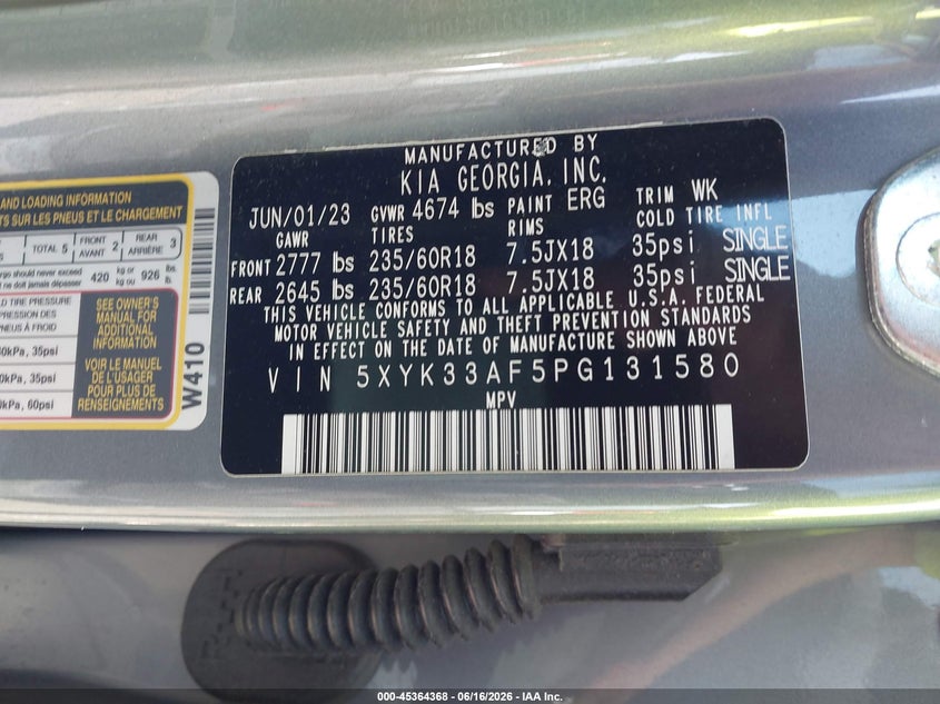 2023 Kia Sportage VIN 5XYK33AF5PG131580 IAAI salvage auction — HAIL, Salvage Title, sold $9,100 on 2026-07-22 (photo 9)