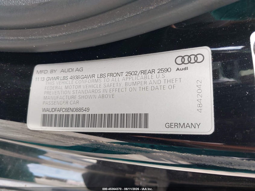 2014 Audi A6 VIN WAUDFAFC6EN088549 IAAI salvage auction — REAR END, Rebuildable (Florida), sold $2,050 on 2026-07-07 (photo 9)