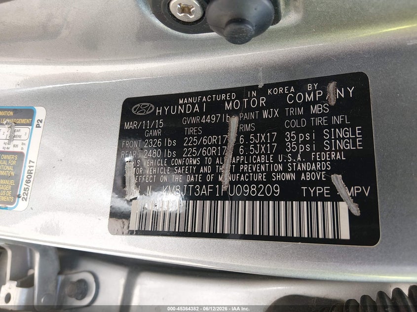 2015 Hyundai Tucson VIN KM8JT3AF1FU098209 IAAI salvage auction — RIGHT SIDE, Salvage (Texas), sold $1,300 on 2026-07-29 (photo 9)
