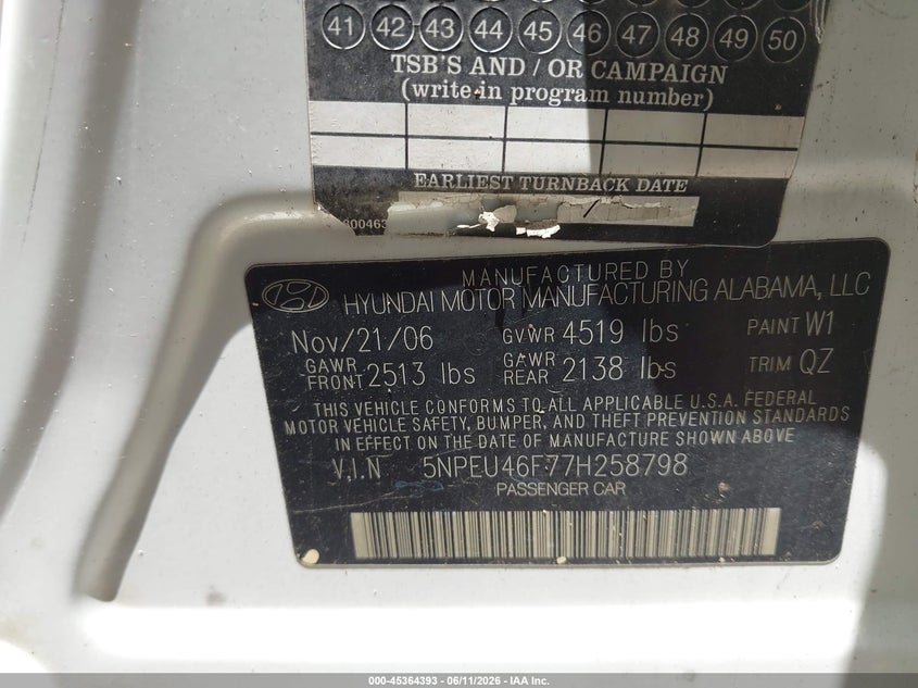 2007 Hyundai Sonata VIN 5NPEU46F77H258798 IAAI salvage auction — FRONT END, Salvage (North Carolina), sold $350 on 2026-07-27 (photo 9)