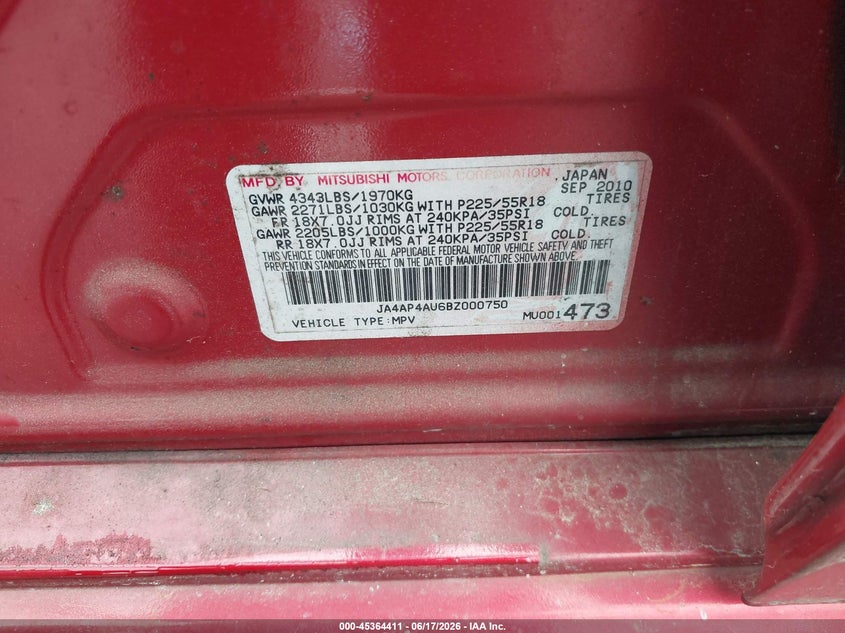 2011 Mitsubishi Outlander sport VIN JA4AP4AU6BZ000750 IAAI salvage auction — NORMAL WEAR, Clear (South Carolina), sold $800 on 2026-07-28 (photo 9)