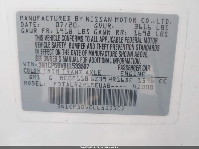 2020 Nissan Kicks VIN 3N1CP5BV0LL533507 IAAI salvage auction — NORMAL WEAR, SF97 (Illinois), sold $11,200 on 2026-07-09 (photo 9)
