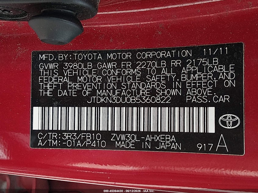 2011 Toyota Prius VIN JTDKN3DU0B5360822 IAAI salvage auction — NORMAL WEAR, Original (Kentucky), sold $1,525 on 2026-07-27 (photo 9)
